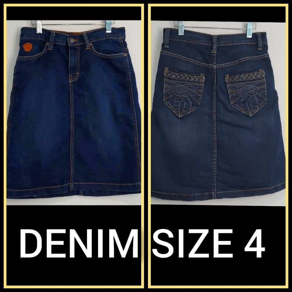 Western Dark wash Denim skirt with gold thread some stretch. 4